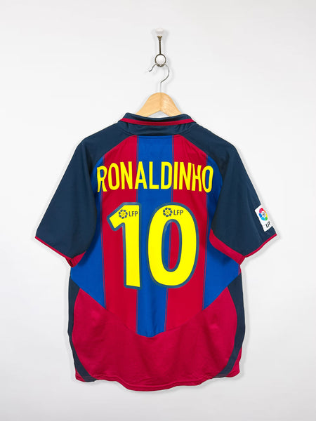 Maillot FC Barcelone Ronaldinho XL Bleu/rouge Réimprimé - Dédicace Fac-similé, Authentifié JSA, Neuf